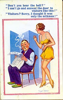 Slippers Gallery: Comic postcard, Someone at the door - only the milkman? Date: 20th century