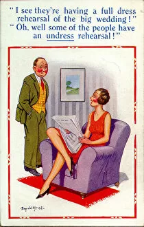 Discussion Collection: Comic postcard, Dress rehearsal of wedding Date: 20th century