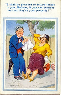 Comic postcard, Drunk man speaks to woman in the street