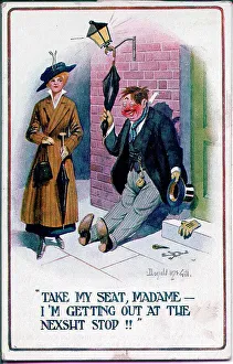 Drunkard Prints: Comic postcard, Drunk man speaks to woman in street. Date: 20th century