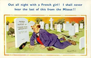 Comic postcard, drunkard in cemetery Date: 20th century