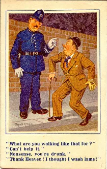 Comic postcard, Drunkard and policeman in the street at night Date: 20th century Comic postcard, Drunkard and policeman in the street at night Date: 20th century
