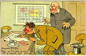 Comic postcard, Drunkard signing petition to shut the pubs at ten. Date: 20th century