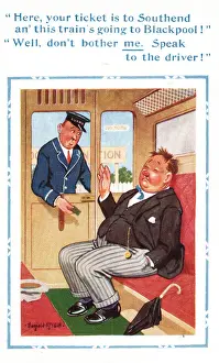 Drunk Prints: Comic postcard, drunkard on wrong train - speak to the driver! Date: 20th century