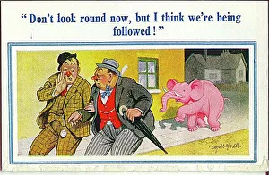 Drunkards Prints: Comic postcard, Two drunkards followed by pink elephant