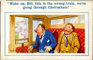 Drunkards Collection: Comic postcard, Two drunkards on a train