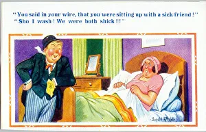Drunkard Prints: Comic postcard, Drunken husband arrives home