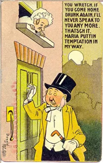 Drunkards Collection: Comic postcard, Drunken man arrives home, disgruntled wife Date: 20th century