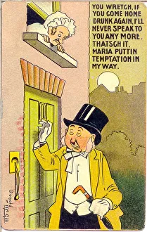 Comic postcard, Drunken man arrives home, disgruntled wife Date: 20th century Comic postcard, Drunken man arrives home, disgruntled wife Date: 20th century
