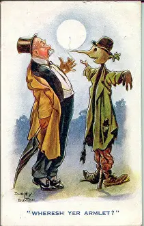 Comic postcard, Drunken man asks scarecrow where his Derby Scheme armband is, showing that he is signed up and ready for active service. Date: circa 1915