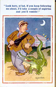 Alligator Gallery: Comic postcard, Drunken man with crocodile Date: 20th century