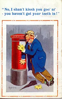 Drunkard Prints: Comic postcard, Drunken man with pillar box