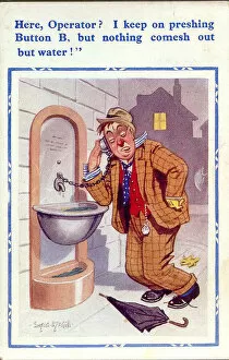 Pressing Gallery: Comic postcard, Drunken man with water spout