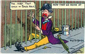 Drunkards Collection: Comic postcard, Drunken man on his way home, playing the railings like a harp Date