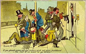Comic postcard, Drunken men going home Date: 20th century