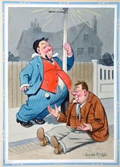 Lamppost Collection: Comic postcard, Two drunken men in the street Date: 20th century