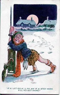 Drunk Prints: Comic postcard, Drunken Scotsman trying to get home after a boozy night out