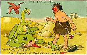 Comic postcard, Drunken Stone Age man with prehistoric animals Date: 20th century Comic postcard, Drunken Stone Age man with prehistoric animals Date: 20th century