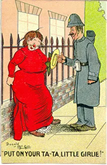 Drunken Prints: Comic postcard, Drunken woman and policeman