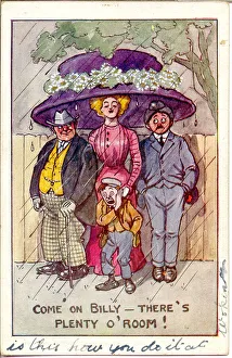 Comic postcard, Edwardian woman in large hat, providing shelter from the rain to two men