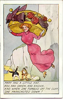 Comic postcard, Edwardian woman in large hat parachuting down from a cliff at the seaside