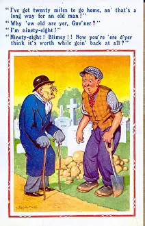 Cemetery Prints: Comic postcard, Elderly man and gravedigger Date: 20th century