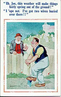 Headstone Prints: Comic postcard, Elderly man and man digging garden Date: 20th century