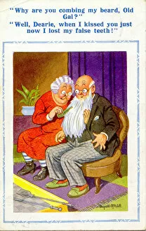 False Collection: Comic postcard, Elderly woman combing mans beard Date: 20th century