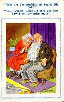 Combing Prints: Comic postcard, Elderly woman combing mans beard Date: 20th century