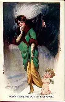Spurgin Prints: Comic postcard, Elegant woman and cupid - Don't leave me out in the cold Date: early 20th century
