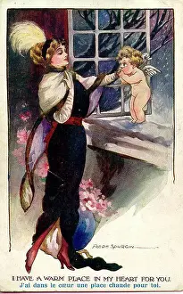 Spurgin Prints: Comic postcard, Elegant woman and cupid - I have a warm place in my heart for you Date: early 20th century