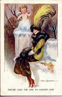 Spurgin Prints: Comic postcard, Elegant woman and cupid - You're just the one I'm waiting for Date: early 20th century