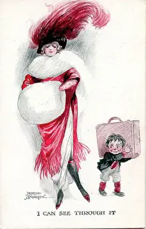 Comic postcard, Elegant woman and little boy with suitcase - I can see through it Date: early 20th century