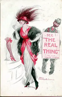 Spurgin Prints: Comic postcard, Elegant woman and sandwich board man - See the real thing Date: early 20th century
