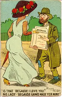 Scruffy Prints: Comic postcard, Elegant woman and scruffy man selling sheet music in the street Date