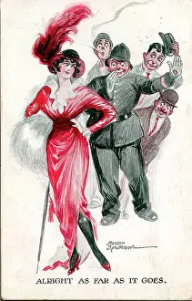 Spurgin Prints: Comic postcard, Elegant woman watched by four men - Alright as far as it goes Date: early 20th century