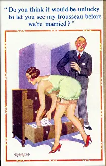 Bending Prints: Comic postcard, Engaged couple chatting Date: 20th century