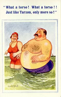 Torso Gallery: Comic postcard, Enormous man with woman in the sea Date: 20th century