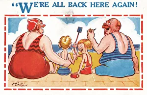 Comic postcard, Family of four on the beach Date: 20th century Comic postcard, Family of four on the beach Date: 20th century
