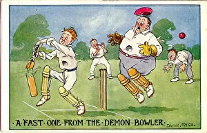 Comic postcard, A fast one from the demon bowler Date: 20th century
