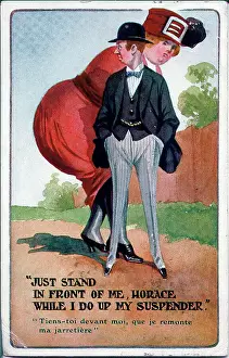 Hiding Prints: Comic postcard, Fat woman hides behind thin man - Just stand in front of me
