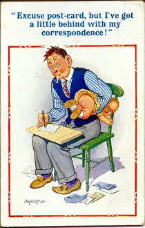Frowning Prints: Comic postcard, father with baby, writing a card Date: 20th century