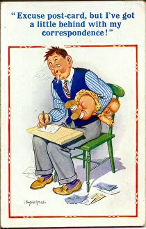 Comic postcard, father with baby, writing a card Date: 20th century