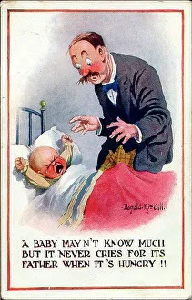 Hungry Prints: Comic postcard, Father with crying baby. Date: 20th century