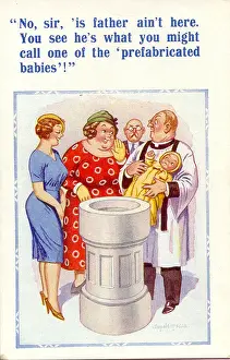 Vicar Prints: Comic postcard, Father not present at baptism Date: 20th century