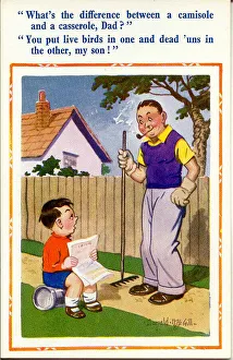 Comic postcard, Father and son in the garden Date: 20th century Comic postcard, Father and son in the garden Date: 20th century
