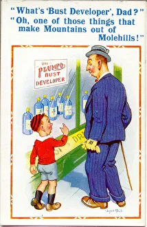 Comic postcard, Father and son, shop window
