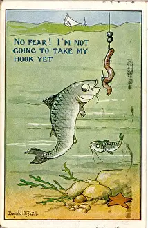 Starfish Prints: Comic postcard, Fish avoids worm and hook Date: 20th century