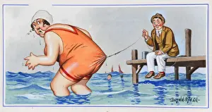 Hooked Prints: Comic postcard, Fishing at the seaside - I shall soon have to take my hook from here