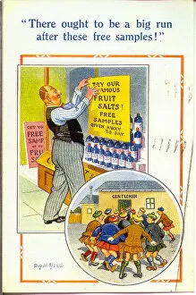 Kilts Collection: Comic postcard, Free samples of fruit salts, and the result Date: 20th century